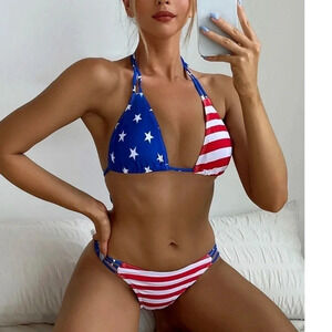 Swim Vcay Summer Beach American Flag Print Bikini Set